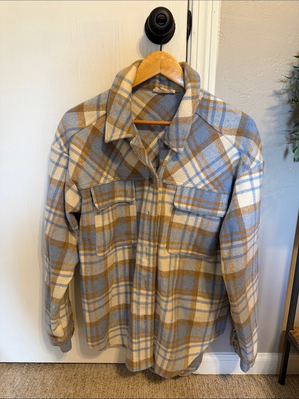 Women’s Plaid Shacket Jacket - Cream, Tan & Light Blue